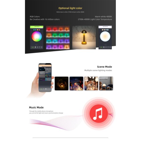 Smart Cordless Table Lamp, Modern Design Phone Control Portable Night Light for Living Rooms, Bedrooms and Camping