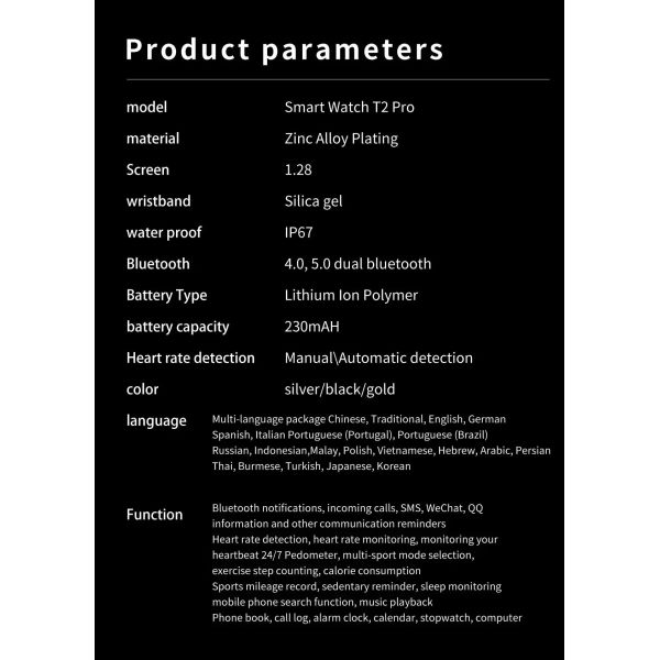 T2Pro Smart Bluetooth Wearable Watch Round Ladies Fitness Tracker Bracelet