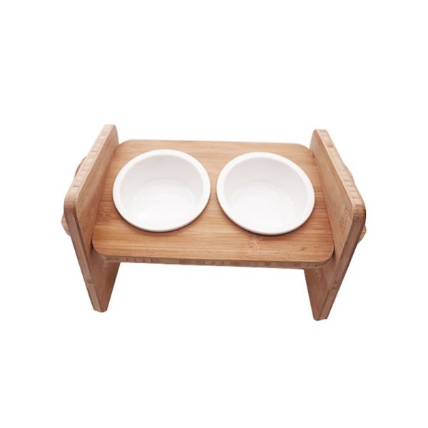 Pet Feeding Food Made Stylish Solid Bamboo Elevated Feeder Stand with Ceramic