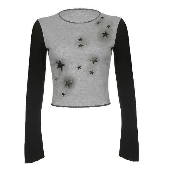 Custom Clothing Factory China Ladies Star Print Color-Block Long-Sleeved