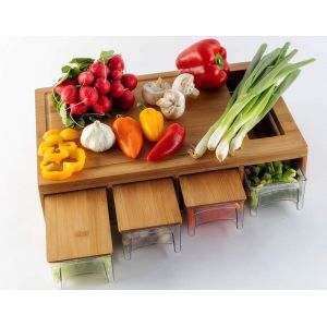 Bamboo Cutting Board with 4 Drawer Organizer Trays Space-Saving Kitchen