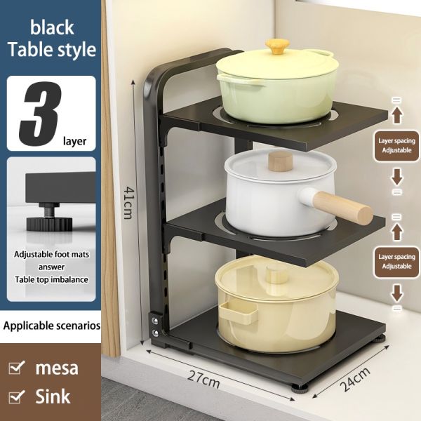 Functional Foldable Pot Rack Black Kitchen Sink Organizer for Adjustable Storage