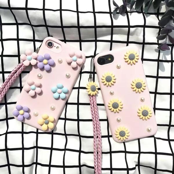 Soft TPU Pink Girl Heart DIY Daisy Flowers with Lanyard Cell Phone Case Back Cover For iPhone 7 Plus 6s