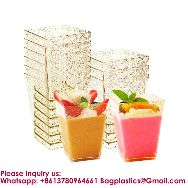 Plastic Dessert Cups Small Clear Square Parfait Cups with Spoons, Mini Plastic Tumbler Serving Cups for Tasting Party Appetizers Mousse Yogurt