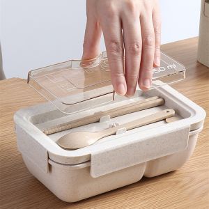 Rectangle Bento Box Lunch Container Plastic Wheat Straw With Cutlery