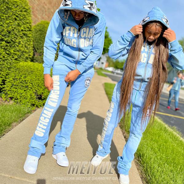 ODM Distressed Tracksuit Full Face Zip Up Sweatshirt And Joggers Set Puff Embroidered