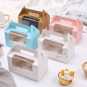Portable Kraft Paper Cake Box Window Transparent Swiss Roll Baking Packaging