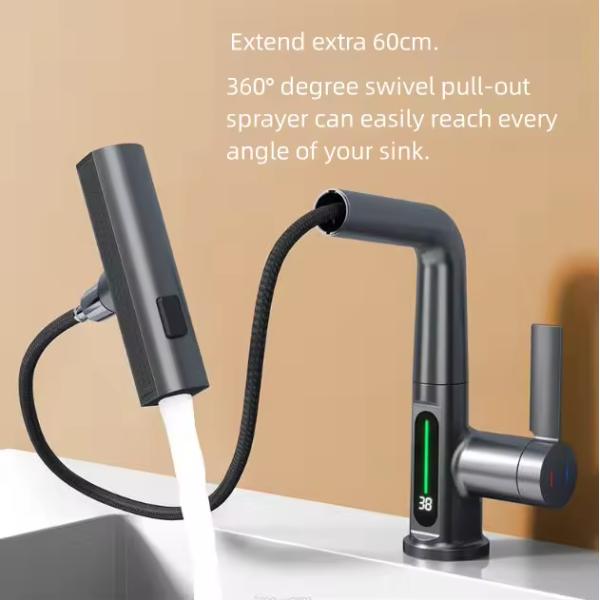 Lizhen 3 Function Kitchen Basic Faucet LED Temperature Desk Mounted Pull-out Water Tap