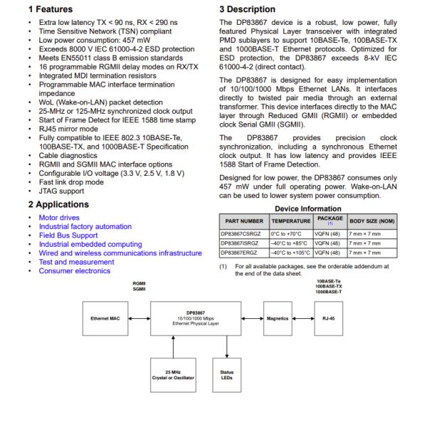 DP83867ISRGZR Wireless Rf Module Ic Controller Ethernet 48vqfn