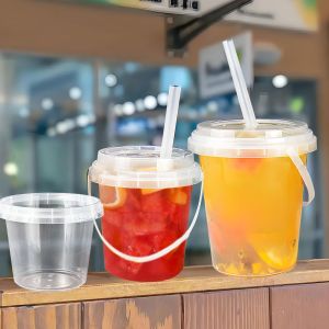Disposable 1000ml Clear Plastic Bucket Portable Fruit Lemonade Juice Cup Handle