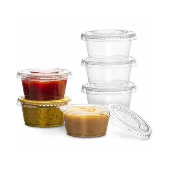 Custom Compostable PLA Disposable Dessert Sauce Cups Biodegradable Portion Souffle Cups With Seal Lid