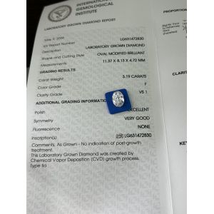 3.19ct VS1 F Oval Cut Lab Grown Diamond IGI Certificated