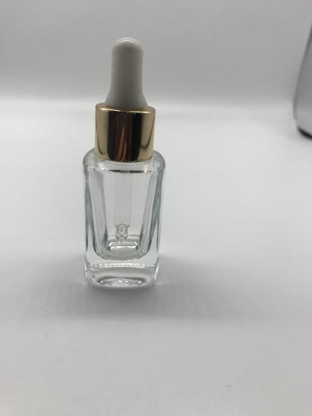 Quality 15ml Luxury Clear Square Cosmetic Flat Tall Bottle Essential Oil Cosmetic Glass Bottle With Aluminum Dropper for sale