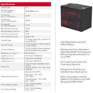 CSB Battery GPL12800 12V 80Ah Long Life Maintenance-Free Rechargeable VRLA Lead