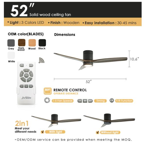 Contemporary Design 1stshine LED Ceiling Fan with Solid Wood Blades Flush Mount 2-in-1
