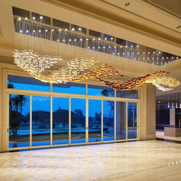 Hotel Lobby Customized Glass Chandelier With Brass And Crystal Accents