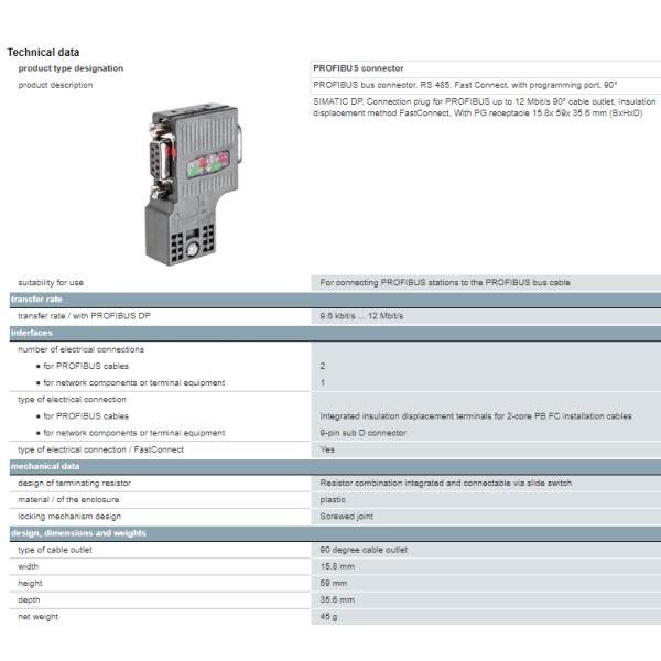 6ES7972-0BA52-0XA0 Shanghai Port Siemens SIMATIC DP PROFIBUS Connector RS485 Bus Connector