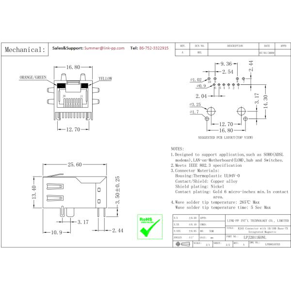 LPJ2011KONL RJ45 With Integrated Magnetics 10 / 100Base-TX Integrated PCB Jack