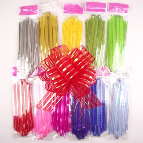 Organza Stripe Large 6 inch / 50mm Butterfly Pull Bows , green purple pull string bow ribbon