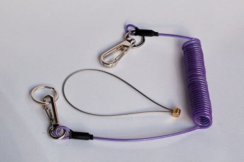 Quality Purple plastic spring wire coil tool lanyard with snap hooks&key rings&wire loop for safe for sale