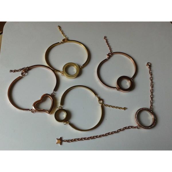 316L Stainless Steel Heart Round Shape Floating Glass Locket Bangle Bracelet