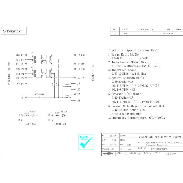 5-6605408-1 Magnetic RJ45 Jack LPJ0183G28NL CAPACITOR WITH RESISTOR LEDS PHY