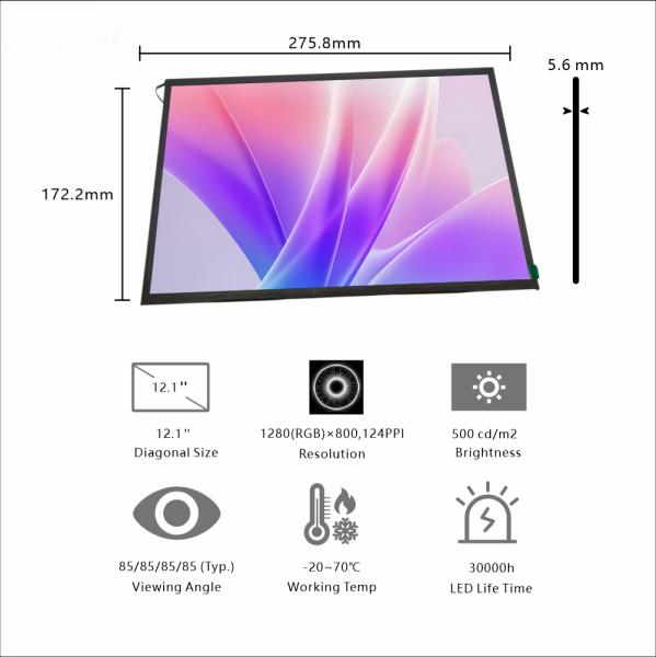 Quality 12.1-Inch Large Industrial Widescreen Display | 1280×800 Resolution, LVDS Interface, 500cd/m² Brightness for Workshop Monitoring & Wide-View Control Panels for sale