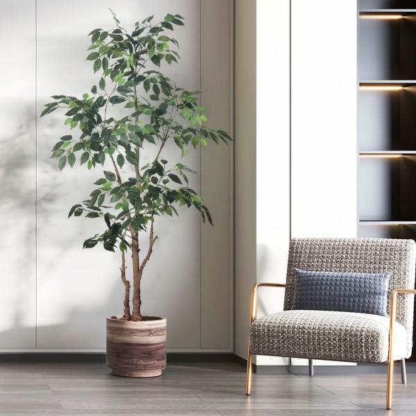 Haihong Manufacturer silk leaves 6 ft artificial ficus tree and Natural Trunk, Faux Ficus Tree with Plastic Pot, Fake Ficus Tree for Office Home