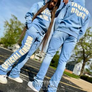 ODM Distressed Tracksuit Full Face Zip Up Sweatshirt And Joggers Set Puff