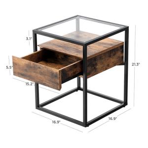 Glass Top Side Table with Drawer, Modern Industrial Side Table, Small End Table,