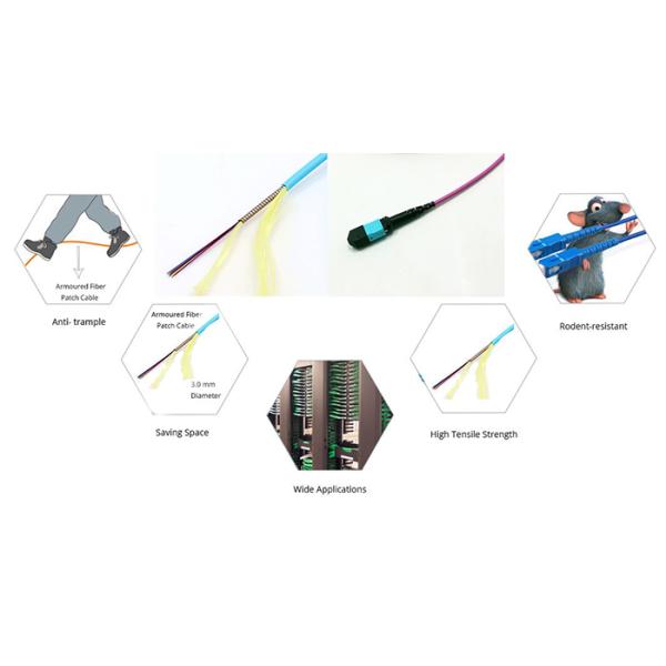 Amored MTP Trunk Cable OM3 / OM4 12 / 24 Fibers 50 / 125μm MTP Female Aqua Steel Kevlar Rugged Shell For 40G / 100G