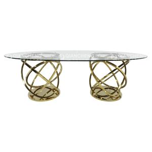 Oval Shape Tempered Glass Dining Table 240x120x75cm White Reeded Pillar