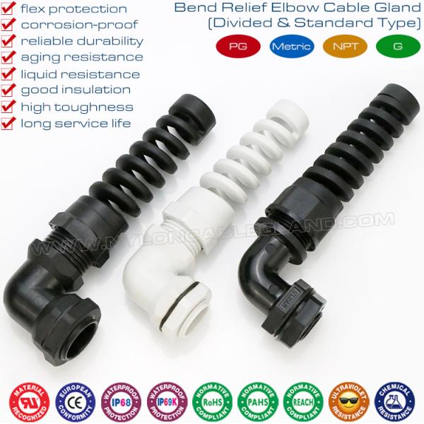 PG & Metric Thread Elbow Plastic Cable Glands, IP68 Right Angle Nylon Cable Glands with Spiral Flexible Protector PG & Metric Thread Plastic Elbow Cable Glands, IP68 Right Angle Nylon Cable Glands with Spiral Flexible Protector