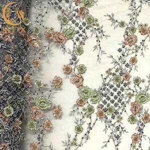 135Cm Width Green 3D Embroidery Lace Fabric With Luxury Beading