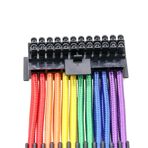 24pin 90 Degree Sleeved Braided ATX Computer Extension Kable Female to Male Extension Cable 18AWG Power Supply Cables Rainbow