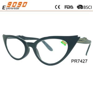 Cat eye shape reading glasses,made of PC frame ,decoration on the temple