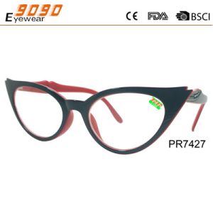 Cat eye shape reading glasses,made of PC frame ,decoration on the temple