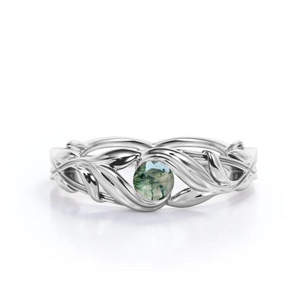 Round Cut Moss Green Agate Leafy Single Stone Engagement Ring in White Gold
