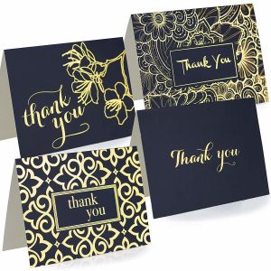 Navy Blue Color Thanks Greeting Card 100 Set Gold Foil Pattern For Bridal / Baby