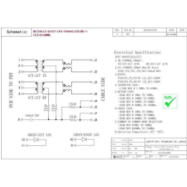MIC24112-0101T-LF3 Dateacom Transformer 7499011225W 100M LPJ1014AWNL