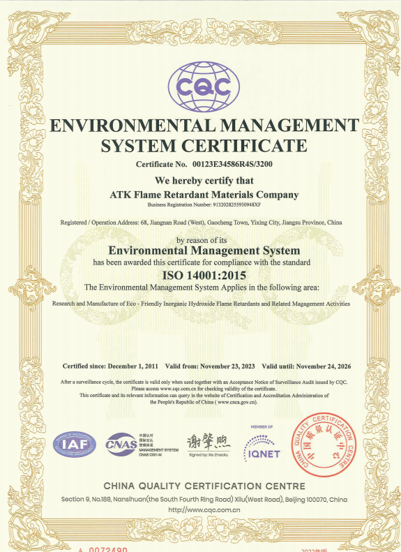 Jiangsu ATK Flame Retardant Materials Co., Ltd. Certifications