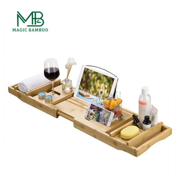 Extendable Sides Luxury Bamboo Bathtub Caddy Trays for Books Tablets and Wine Glass