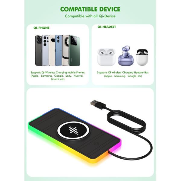 Magnetic Wireless Car Charger with RGB LED Light Charging for Qi Phones and Earbuds - 15W Power