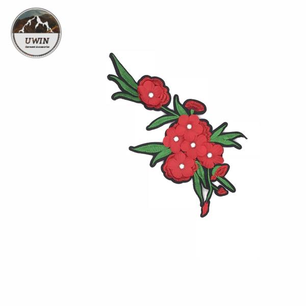 3D Rhinestone Embroidered Cloth Badges , Red Plum Blossom Patch With Polyester