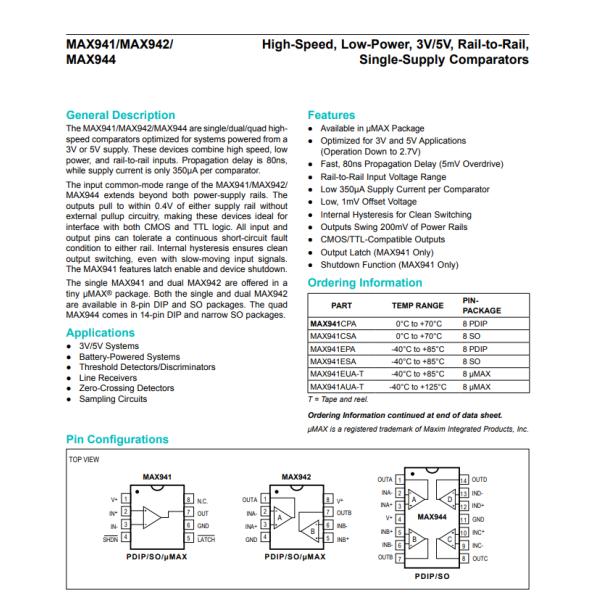MAX942CSA+ Comparator General Purpose CMOS Push-Pull TTL 8-SOIC