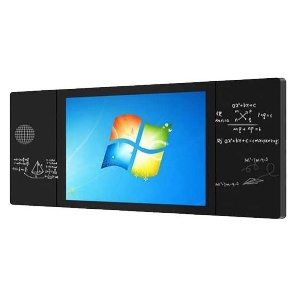 A smart blackboard showing a blue desktop screen with math formulas written on side wings