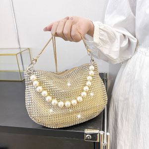 New pearl handle imitation full diamond handbag shoulder bag Cross-border