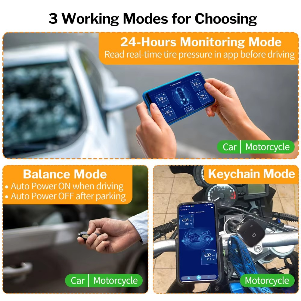 Motor Tricycle wireless BL8 External TPMS Sensor with Chargeable Receiver Keyboard and Mobile APP Compatible with Android & IOS