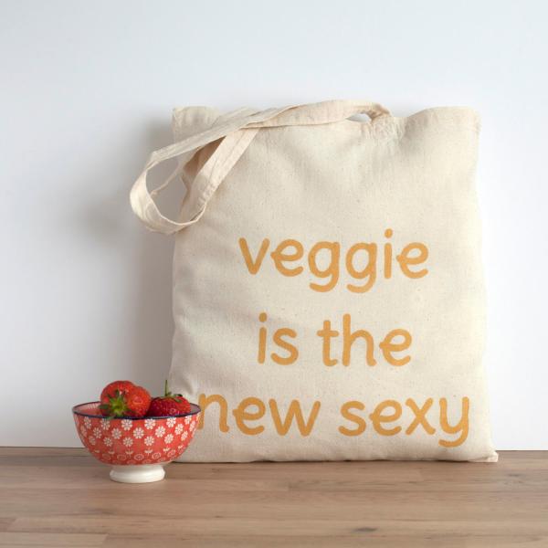 Veggie tote bag - cotton bag with sexy veggie text in gold - shopping bag,weff