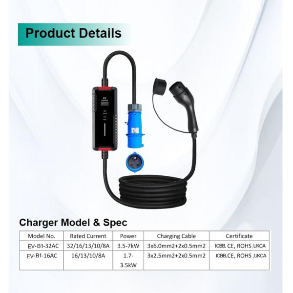 EVCOME Ev Charger Portable Max 32A Ajutable 7KW With IEC 62196 & SAE J1772 & GBT 20234